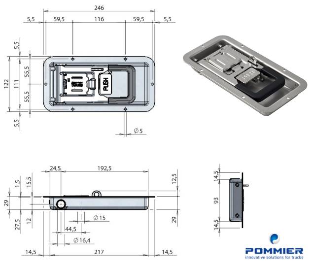 Замок врезной с ручкой MINI-PUSH 29мм нерж.
