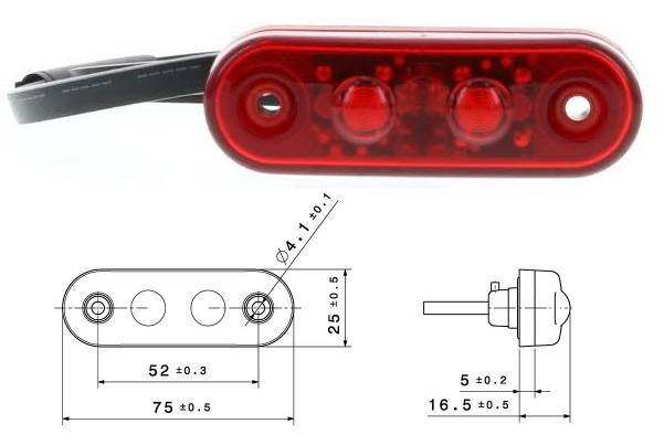Фонарь габарит. красный LED с кабелем 5м